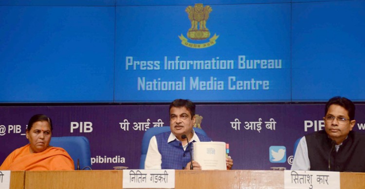 nitin gadkari addressing a press conference on notification of e-flow of ganga