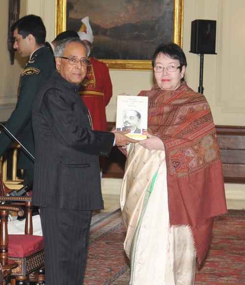 pranab mukherjee receiving the first copy of the book “Netaji Subhas Chandra Bose and Germany” from anita bose