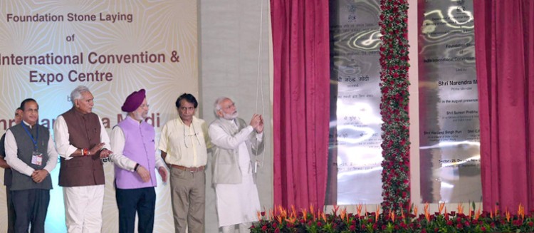 pm narendra modi, foundation stone of the india international convention and exo center,