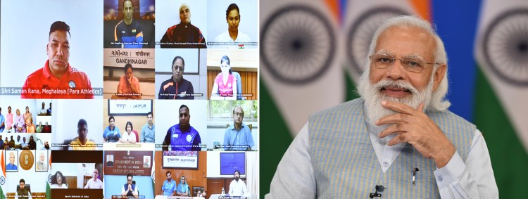 narendra modi interacting with the indian para-athlete contingent for tokyo 2020 paralympic games