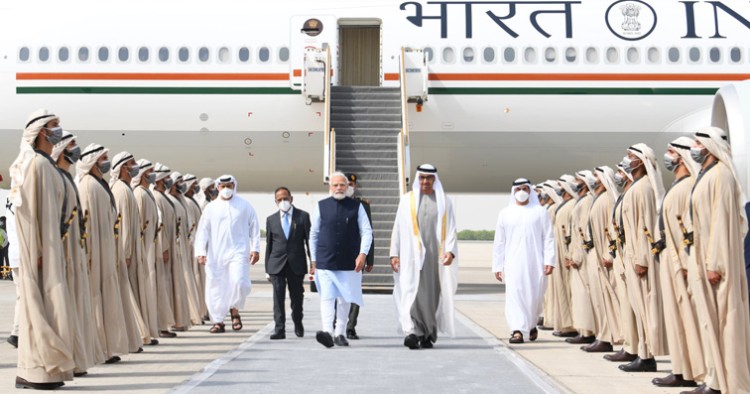 sheikh mohamed bin zayed al nahyan arrives to welcome narendra modi at abu dhabi airport