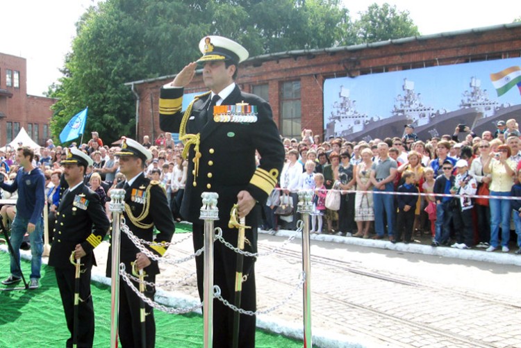 the vice chief of the naval staff, indian navy, vice admiral r.k. dhowan taking salute at the commissioning ceremony of the ins trikand, at kaliningrad, russia