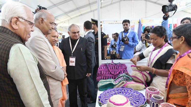 ram nath kovind visiting an exhibition 'one district one product' summit at lucknow