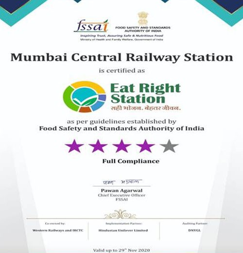 certificate of 'eat right station' to mumbai railway